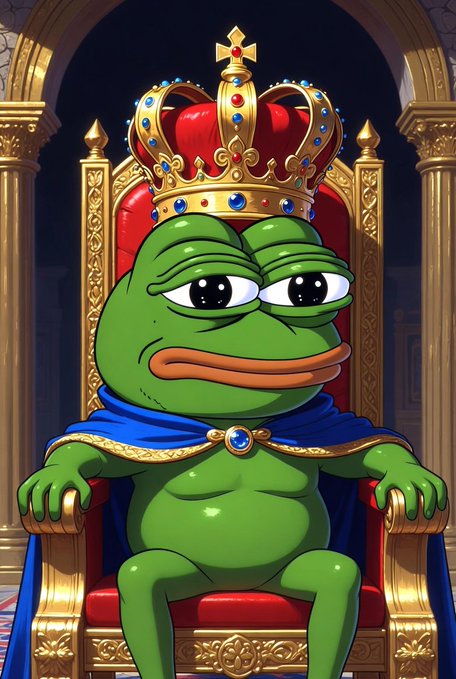 A cartoon image of Pepe the Frog wearing a red and gold jeweled crown and blue cape, sitting on an ornate golden throne.
