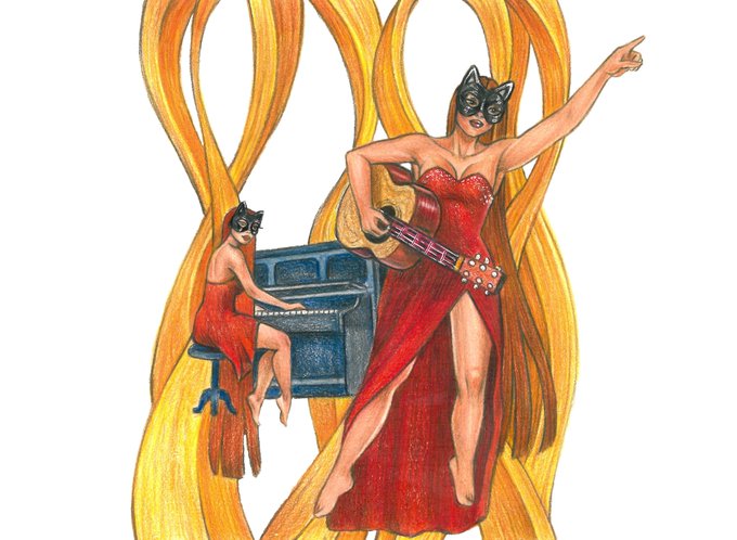An illustration depicting two women in red dresses wearing cat masks, one playing a piano and the other standing with a guitar, set against a backdrop of flowing golden-yellow shapes.