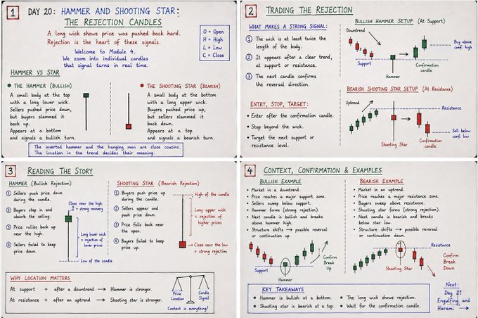 A handwritten trading tutorial page titled 'Day 20: Hammer and Shooting Star: The Rejection Candles' by Module 4, illustrating bullish hammer and bearish shooting star candlestick patterns with bullish and bearish setup examples.