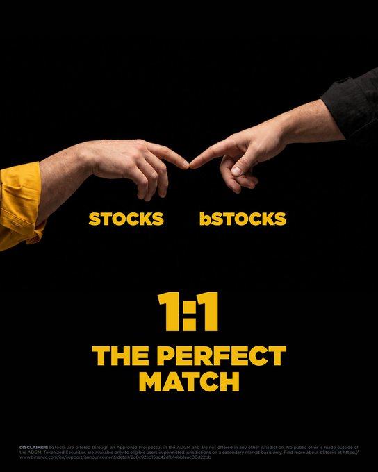 Two hands reach toward each other, their index fingers nearly touching in a recreation of Michelangelo's "Creation of Adam," with the words "STOCKS" and "bSTOCKS" labeling each hand and "1:1 THE PERFECT MATCH" displayed prominently below. The image visually parallels the post's message by framing bStocks as the ideal partner to traditional stocks, highlighting near-instant blockchain settlement as a transformative complement to conventional trading.