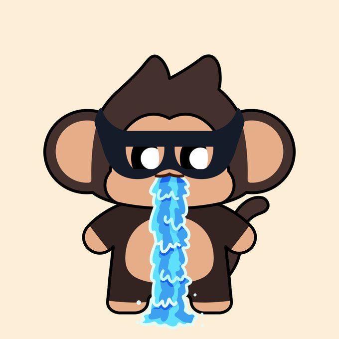 Cartoon illustration of a ninja monkey character wearing a black mask, spitting a flowing stream of blue water from its mouth against a beige background.