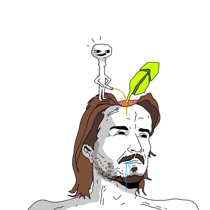 A crudely drawn cartoon depicts a sweating man with brown hair and a beard, with a small alien figure standing on his head pouring liquid from a green leaf into his open mind.