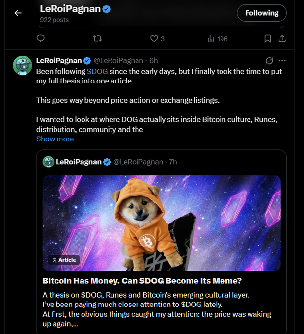 A Twitter/X post by LeRoiPagnan discussing $DOG, featuring an article titled 'Bitcoin Has Money. Can $DOG Become Its Meme?' with a Shiba Inu in a Bitcoin hoodie against a purple crystal background.