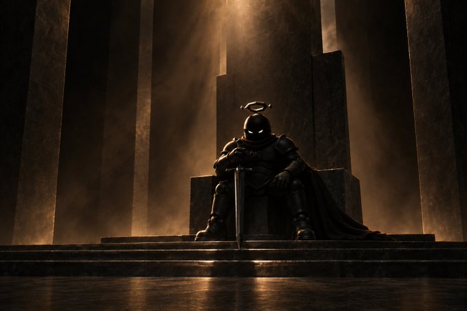 An armored knight in dark armor with glowing eyes and a halo sits on a throne in a dark, foggy hall, holding a sword pointed downward.