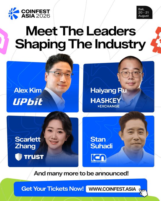 A promotional poster for CoinFest Asia 2026 in Bali (August 20-21), featuring industry leaders Alex Kim (UPbit), Haiyang Ru (HashKey Exchange), Scarlett Zhang (Trust), and Stan Suhadi (ICN), with tickets available at www.coinfest.asia.