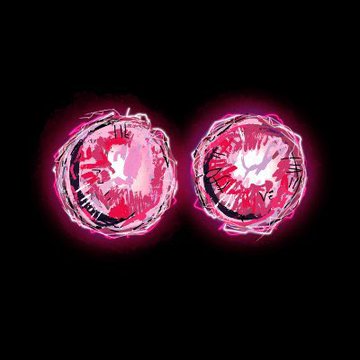 This image features two red circles with black outlines against a dark background, both radiating a pink glow that illuminates them from within. They are placed at different positions around the center of the frame - one closer to the viewer on the left side, while the other is slightly further away towards the right end. The positioning and glowing effect make these circles stand out prominently in the image.