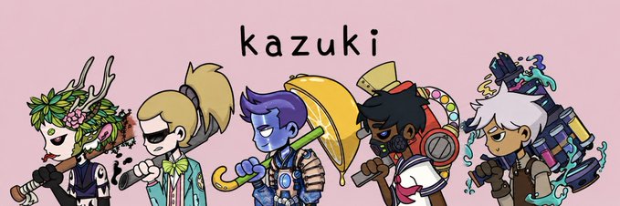 A lineup of five chibi-style character illustrations with the text "kazuki" displayed above them, representing a collection of 1,000 rebellious collectible NFTs soon launching on OpenSea via Ethereum.