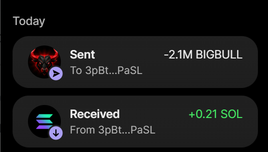 A crypto transaction history showing a sent transfer of -2.1M BIGBULL and a received amount of +0.21 SOL from/to wallet 3pBt...PaSL, illustrating a trade of 2.1 million $BIGBULL tokens for 0.21 $SOL as advertised in the accompanying promotional post.