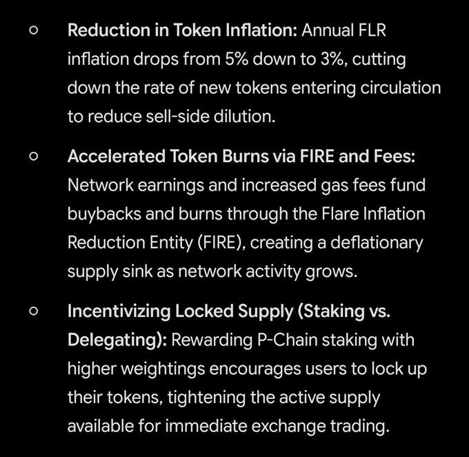 A black-background slide listing three tokenomics strategies: 'Reduction in Token Inflation' (FLR inflation drops from 5% to 3%), 'Accelerated Token Burns via FIRE and Fees' (Flare Inflation Reduction Entity), and 'Incentivizing Locked Supply (Staking vs. Delegating)' with higher P-Chain staking weightings.