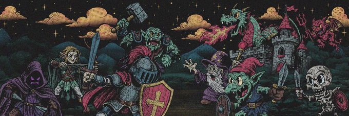 A pixel art fantasy illustration featuring a knight, a wizard, an orc, and other characters in a nighttime landscape with clouds, stars, and a castle.