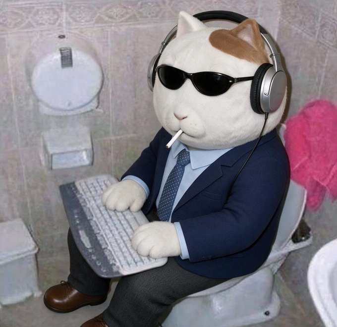 A plush cat dressed in a navy business suit, sunglasses, and headphones sits on a toilet typing on a keyboard with a cigarette in its mouth, perfectly capturing the "interncore" aesthetic of overworked corporate absurdity.