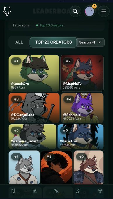 A mobile app leaderboard for 'Season 41' showing the 'Top 20 Creators', with @JacekCro at #1 with 5965 Aura and @MaphiaTv at #2 with 5955.63 Aura.