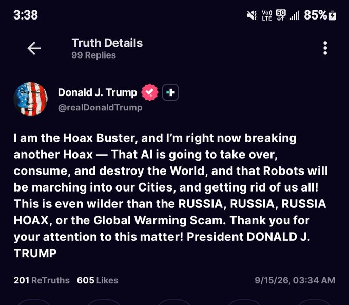 A screenshot of a Truth Social post by Donald J. Trump (@realDonaldTrump) in which he claims to be 'the Hoax Buster,' dismissing concerns about AI and robots as a hoax.