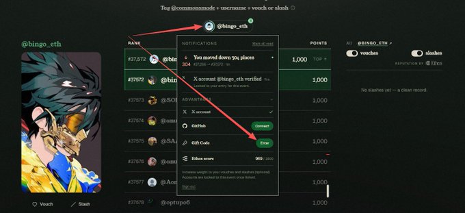 Web3 interface showing '@bingo_eth' profile with rankings, notifications, and verification options including X account and Gift Code, with arrows highlighting features.