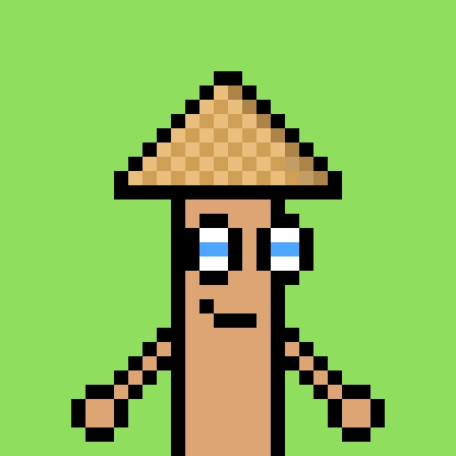 The image features a cartoon character, likely a person or animal, wearing a hat that resembles a traditional Chinese conical hat. The character has a face with blue eyes and a big smile, giving off a friendly vibe. The background of the image is green, which complements the character's hat and adds to the overall surreal nature of the scene. The caption provided seems unrelated to the image itself but might be an attempt to connect it to the post about pixel art or a similar theme.