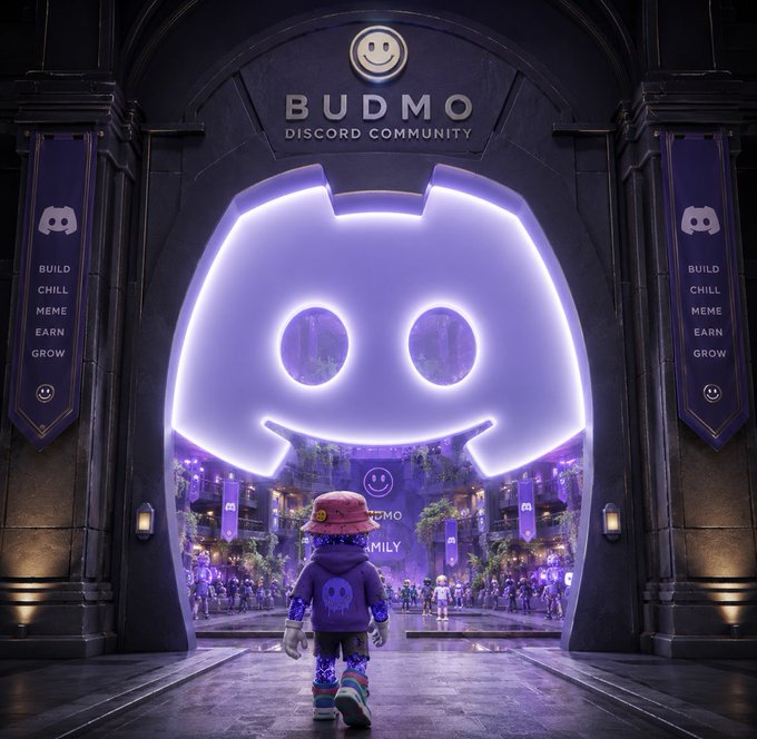 urn of gold and purple liquid, with a large white "Budmo" logo above it, stands against a black background.