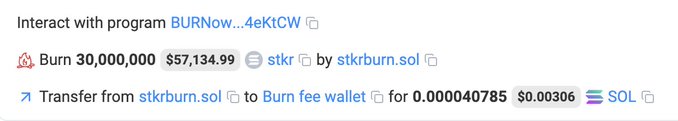 A screenshot showing cryptocurrency transaction details for a token called BURNow...4eKtCW, including instructions to 'Interact with program,' a burn of 30,000,000 tokens ($57,134.99), and a transfer from stkrburn.sol to Burn fee wallet for 0.000040785 SOL ($0.00306).