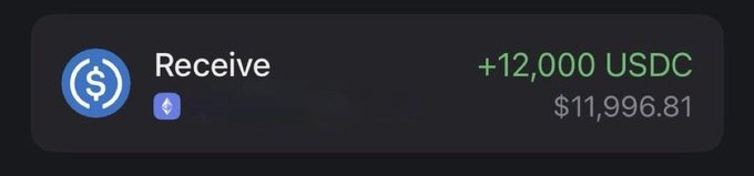 A digital notification showing a 'Receive' transaction of '+12,000 USDC' worth $11,996.81.