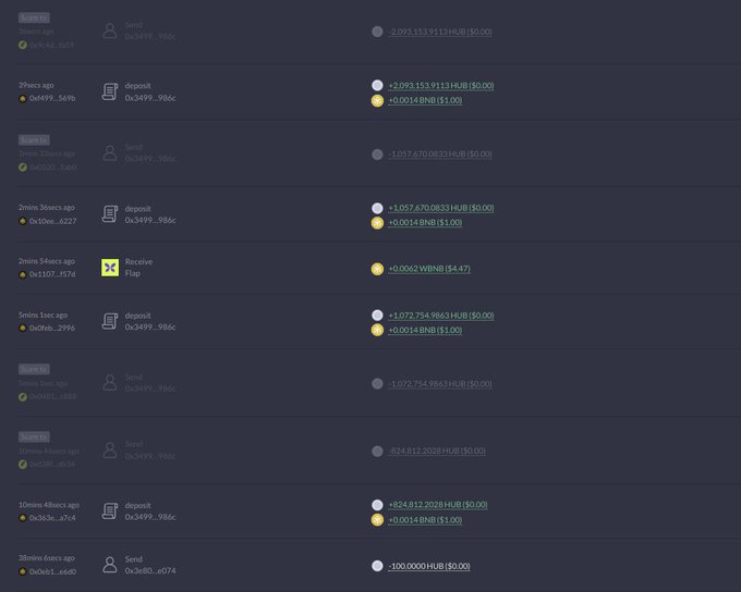 A screenshot of a dark-themed cryptocurrency transaction history interface showing various 'deposit', 'Send', and 'Receive' entries with BNB and HUB token amounts, dates like '38mins ago' to '5mins ago', and wallet addresses.