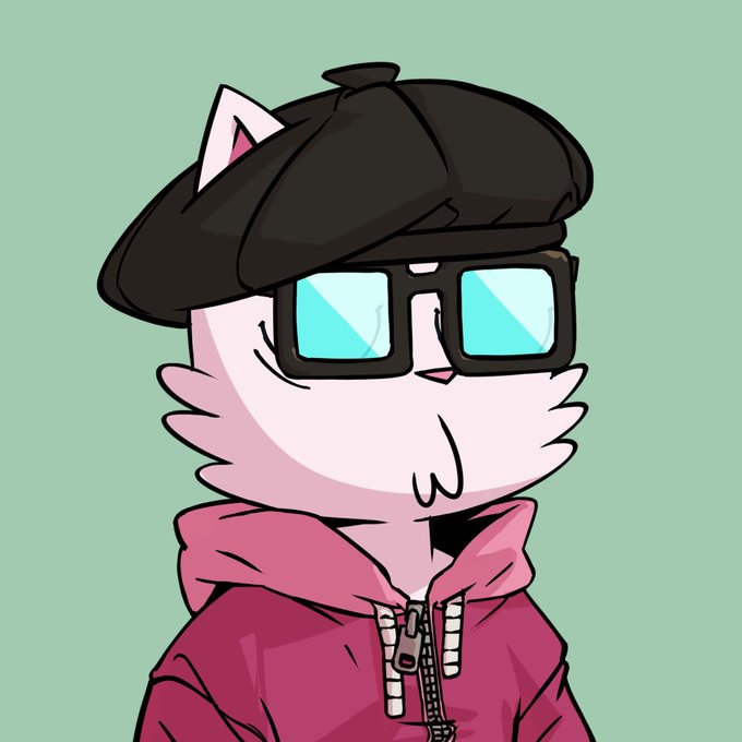An animated white cat wearing a black cap, teal-tinted glasses, and a pink zip-up hoodie is shown against a mint green background.