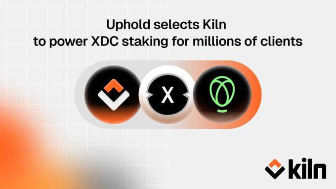 A graphic announcing that 'Uphold selects Kiln to power XDC staking for millions of clients' with three circular icons in the center.