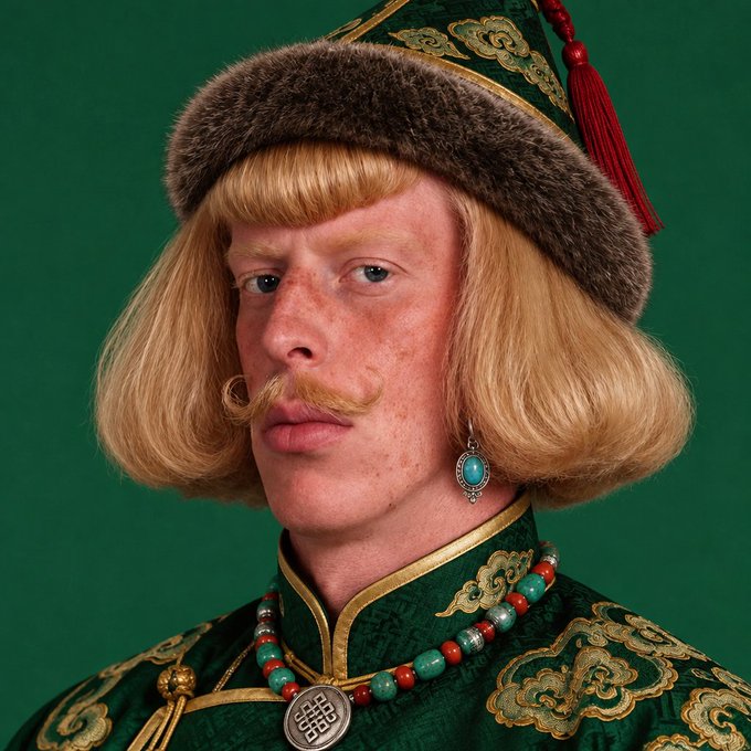 A portrait shows a person with a blonde bob, curled mustache, and a turquoise earring, wearing a fur-trimmed hat and an ornate green and gold traditional outfit.