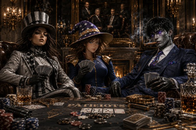 Three elaborately costumed characters sit at a poker table in a luxurious room, with 'PATRIOTS' written on the green felt table surrounded by gold bars and casino chips.