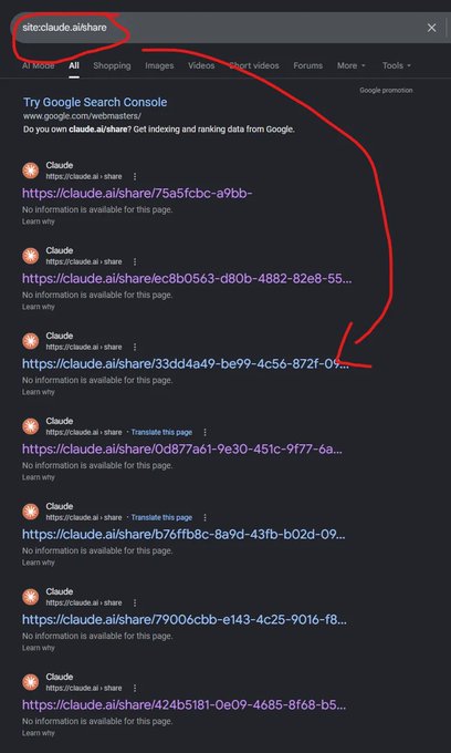 A Google search for "site:claude.ai/share" reveals numerous indexed Claude conversations, highlighting a potential privacy issue where shared chats are appearing in search results. This image demonstrates how easily sensitive information could have been exposed, aligning with concerns about leaked resumes, API keys, and crypto details.