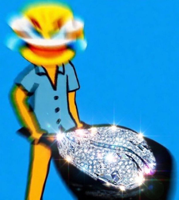 The image features a cartoon character with a distorted, glitch-effect face wearing a blue shirt, holding a large sparkling diamond against a bright blue background—visually playing on the "diamond hands" meme concept from the post, which contrasts holding onto established memes versus getting "rugged" by risky new crypto pairs.