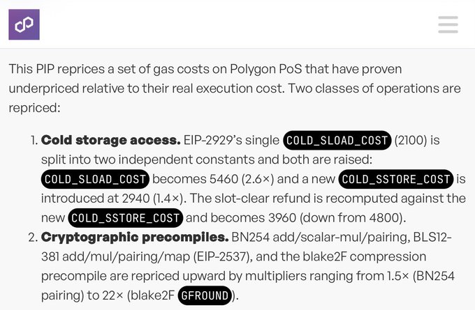 This image shows a technical document (likely a Polygon Improvement Proposal or PIP) outlining gas cost repricing on Polygon PoS, specifically detailing increases to cold storage access costs (COL_SLOAD_COST raised to 5460, new COL_SSTORE_COST at 2940) and cryptographic precompile operations (with multipliers ranging from 1.5× to 22×).

The "mgas/s metrics be like" caption humorously highlights how the dramatic repricing of these operations—particularly the 22× increase for blake2f precompile—would cause mgas/s (megagas per second) throughput metrics to drop significantly since the same operations now consume substantially more gas.