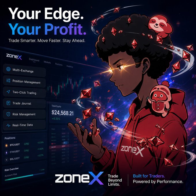 The image is a promotional graphic for ZoneX, featuring the tagline "Your Edge. Your Profit." with the text "zoneX | Trade Beyond Limits. | Built for Traders. Powered by Performance." alongside a UI mockup showing features like Multi-Exchange, Position Management, and trade data with a $24,568.21 equity and positions in BTC/USDT (+2.38%), ETH/USDT (+1.42%), and SOL/USDT (+3.21%). The caption relates directly to the post by announcing the author has joined zonex as a partner, highlighting ZoneX's tools for traders as he gets "back to cooking."