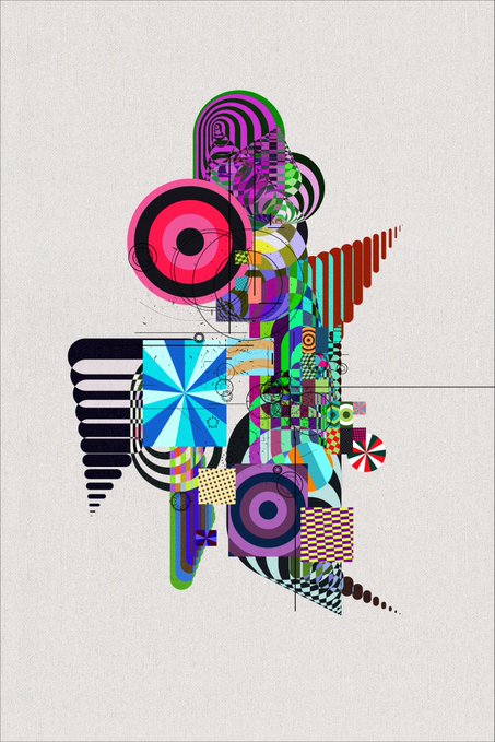 An abstract geometric artwork on a beige canvas featuring colorful shapes, circles, stripes, and patterns arranged in a dynamic composition.