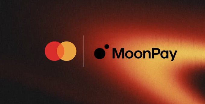 The image features a logo for MoonPay, which is displayed against a dark background with red and orange circles. The text "MoonPay" is written below the logo, indicating that this is an advertisement or promotional material related to the MoonPay company.