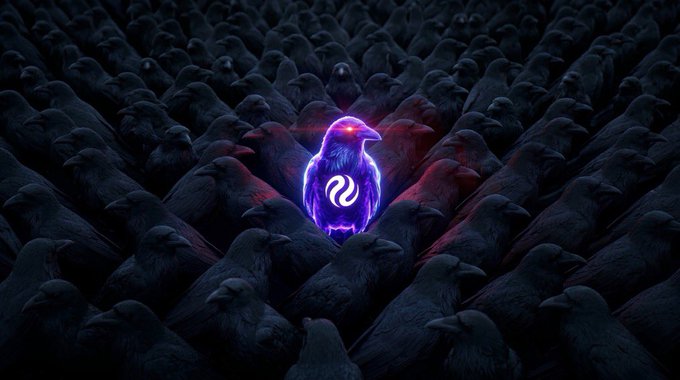 A luminous purple raven with a glowing "$INJ" emblem stands out among a vast sea of dark, identical crows, symbolizing individuality and the unique opportunity to become part of the Injective ecosystem rather than just a passive token holder.
