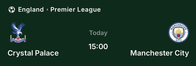 The image shows a Premier League matchup between Crystal Palace and Manchester City scheduled for today at 15:00 in England. It relates to the post by displaying the upcoming fixture for which participants are invited to predict the correct score for a chance to win a prize within 48 hours.