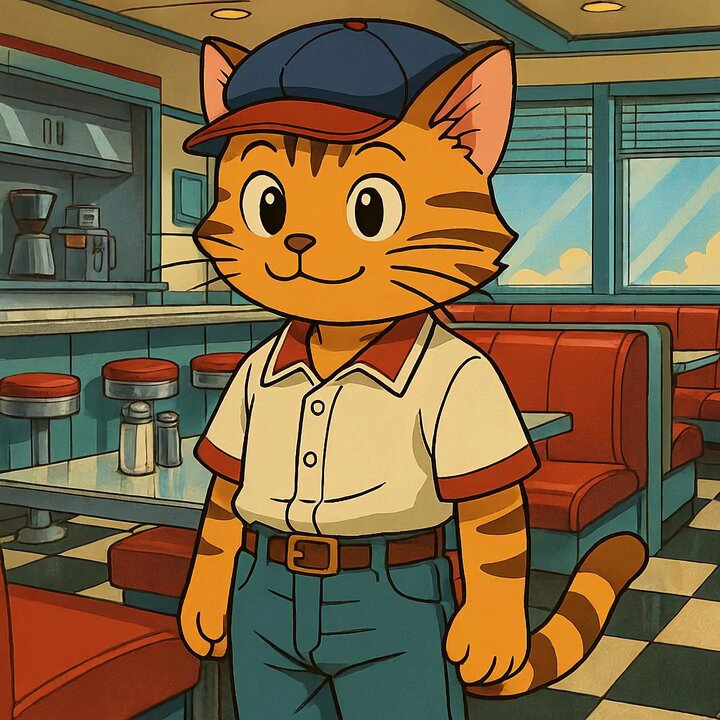 The image features a cartoon cat wearing a baseball cap, standing in front of a diner counter with red booths and tables. The caption for the image reads "Standard issue excellence $CWIF #catwifhat", which seems to be a reference to the cartoon cat's hat or possibly an advertisement related to the diner.