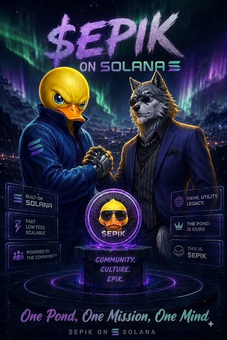 A promotional graphic for "$EPIK ON SOLANA" features a duck-headed figure in a jacket shaking hands with a wolf-headed figure in a suit, with text highlighting 'COMMUNITY. CULTURE. EPIK.' and 'One Pond, One Mission, One Mind'.