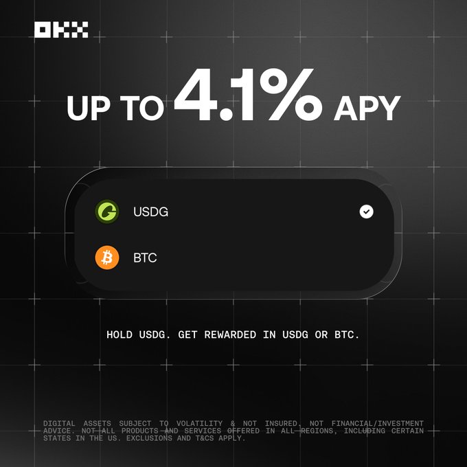 A sleek OKX promotional graphic advertises up to 4.1% APY for holding USDG, with users able to choose rewards in USDG or BTC. The post's "stack sats" message aligns with the offer to earn BTC rewards, encouraging viewers to stop hesitating and start earning yield on their holdings.