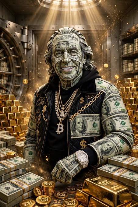 An AI-generated image of a figure with a smiling face printed on dollar bills, wearing a jacket and gold chains with a Bitcoin 'B' pendant, surrounded by stacks of cash and gold coins labeled 'MONEY TALKS'.