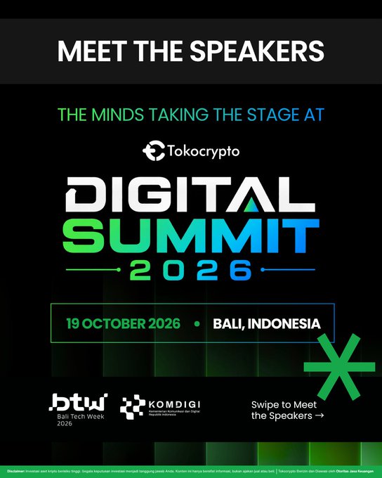 Promotional graphic for Tokocrypto Digital Summit 2026 announcing its speaker lineup, featuring event details "19 October 2026 • Bali, Indonesia" alongside co-branding with BTW Bali Tech Week 2026 and KOMDIGI, with a "Swipe to Meet the Speakers →" prompt introducing the featured experts.
