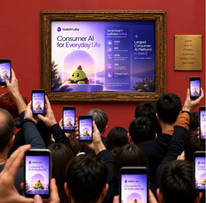 A crowd holds up smartphones displaying "Gotchi Labs - Consumer AI for Everyday Life" in front of a framed promotional poster featuring a green avocado-like character and a plaque listing categories like SLEEP, HEALTH, and FITNESS.