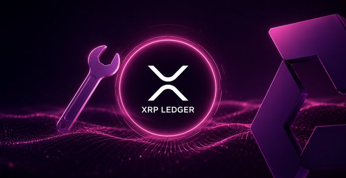 The image features a glowing pink neon XRP Ledger logo centered within a circular ring, flanked by a wrench icon on the left—symbolizing the fixCleanup3_2_0 amendment—and a stylized geometric "C" shape on the right, all set against a dark purple digital wave background. The wrench visually reinforces the post's theme of technical fixes and maintenance, representing the now-active XRPL v3.2.0 update with its precision and rounding improvements for Single Asset Vaults.