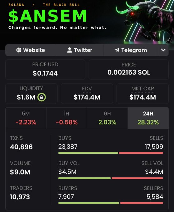 A crypto dashboard for the $ANSEM token on Solana, showing a price of $0.1744 USD, $174.4M market cap, $9.0M volume, and a 28.32% gain over 24 hours.
