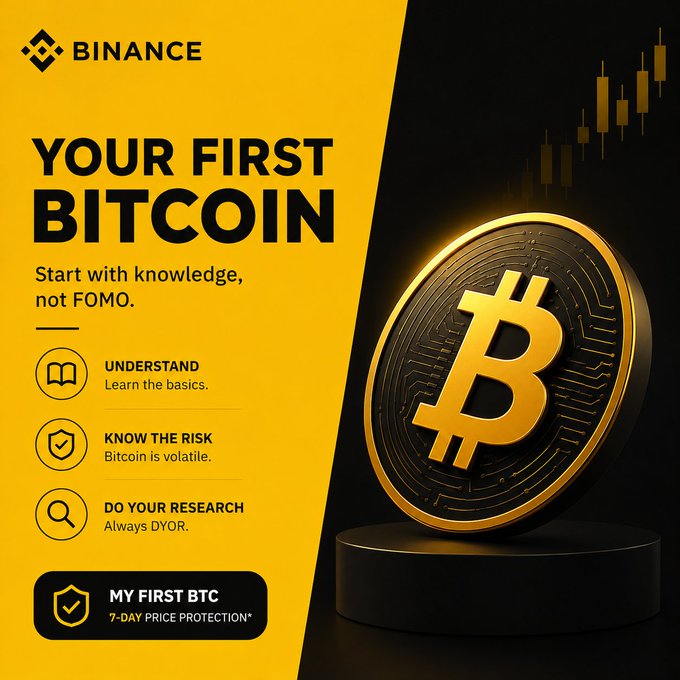 A yellow and black Binance promotional banner titled "YOUR FIRST BITCOIN - Start with knowledge, not FOMO," featuring a large golden Bitcoin coin, a chart graphic, and checkboxes for "UNDERSTAND," "KNOW THE RISK," and "DO YOUR RESEARCH."