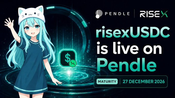 An anime-style character with teal hair waves next to a glowing dollar coin, promoting that "risexUSDC is live on Pendle" with a maturity date of 27 December 2026. The image visually announces the Pendle × RISEx collaboration referenced in the post, which highlights the market-neutral yield strategy now tokenized and tradable on the Pendle platform.