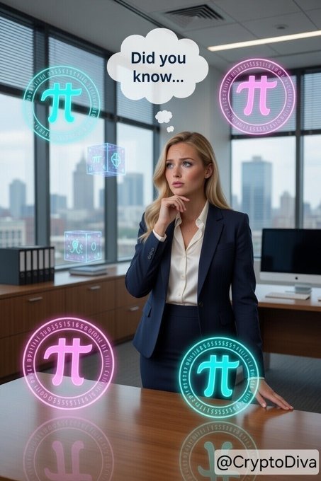 An AI-generated image of a blonde businesswoman in a navy suit standing thoughtfully in an office, surrounded by glowing pi cryptocurrency symbols and a thought bubble saying 'Did you know...', watermarked with @CryptoDiva.