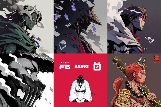 The image features a collection of six anime posters, each showcasing different characters from various anime series. The posters are arranged in two rows against a gray background, with each poster having its own unique design and color scheme. The text accompanying the posters provides information about the artists behind the characters and the series they represent. One of the posters is for "Yugen" and their latest collection on Ethereum, which includes a minting stage called "LEADERS". The other posters are dedicated to different anime series such as "Airdrop", "Treasury", and "Whitelist".