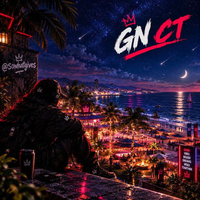 Stylized artwork of a figure overlooking a vibrant nighttime beach scene with city lights, featuring the text 'GN CT' with a crown logo and '@sowhatgives'.