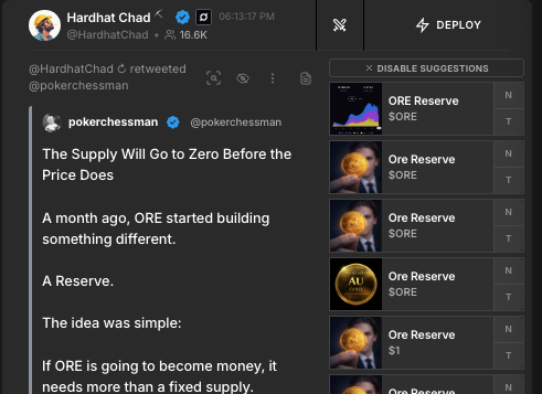 A screenshot of a tweet by user @HardhatChad retweeting @pokerchessman with text stating 'The Supply Will Go to Zero Before the Price Does' and discussing ORE building a Reserve, alongside a sidebar listing 'Ore Reserve' tokens.