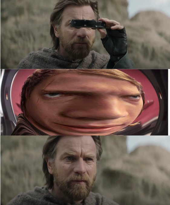 Three-panel image referencing the Star Wars franchise, showing a bearded man looking through binoculars, followed by a stretched/distorted face meme, and the man looking serious.